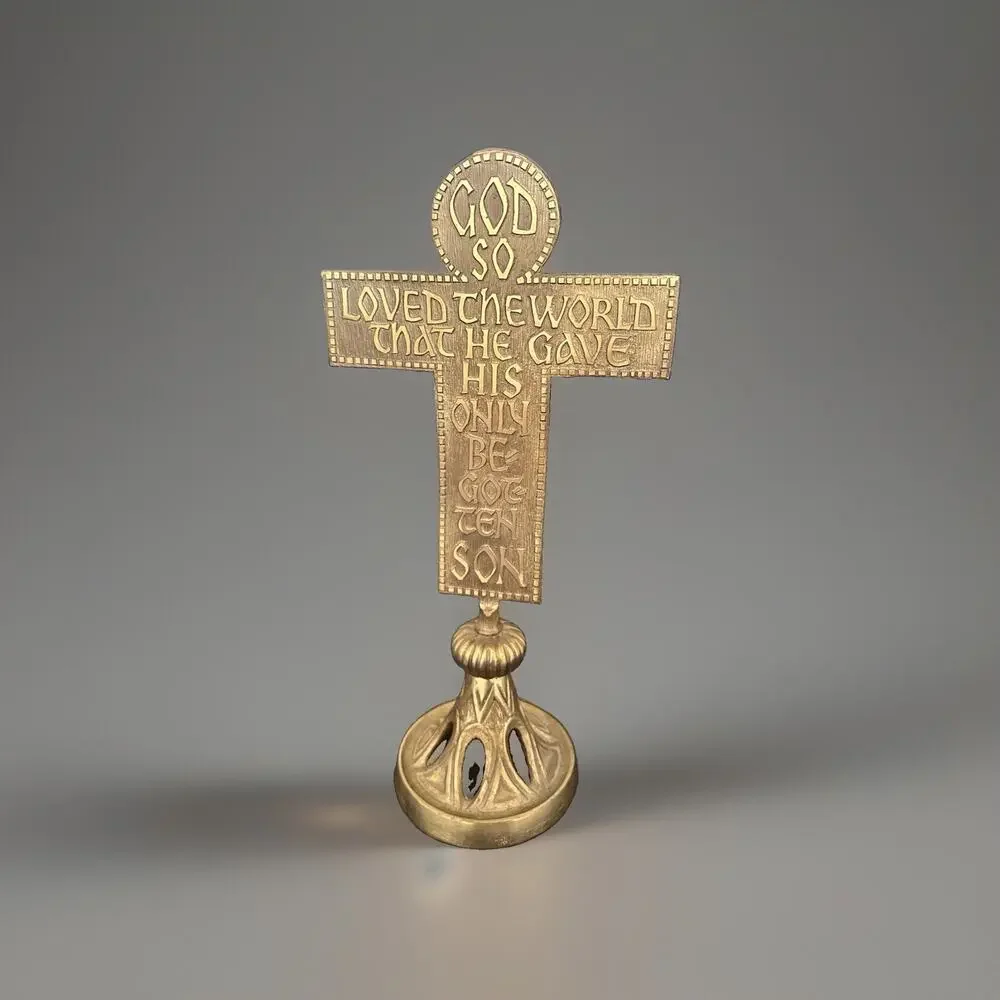 Altar Cross Brass & Enamel Crucifix Terra Sancta Handmade Israel 13” Mid Century